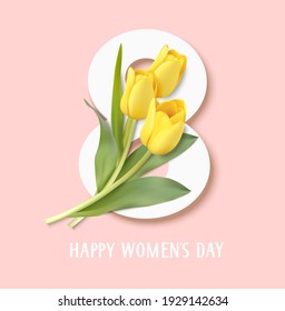 Happy Womens Day. 8 March design template. Number 8 with bouquet of yellow tulip flowers. Vector illustration