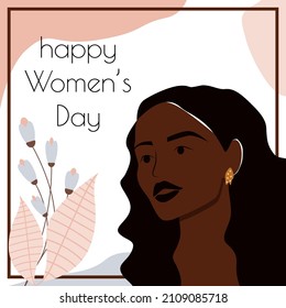 Happy Women's Day, 8 march greeting card template. Smiling african american lady and flowers. Vector illustration for poster, flyer, social media post etc