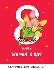 Happy Women's day, 8 March greeting card. Digit eight and a bouquet of pink and yellow tulips