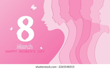 Happy women's day 8 march vector background with paper cut different women face. International female pink illustration with butterflies. Spring design.