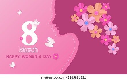Happy women's day 8 march vector background with paper cut  
flowers hair and women face. International female holiday pink illustration with butterflies. Spring design.