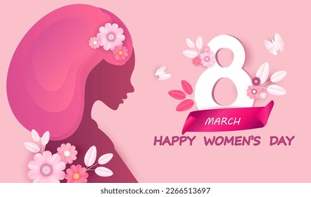 Happy women's day 8 march vector background with paper cut flowers hair and women face. International female holiday pink illustration. Spring design.