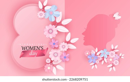 Happy women's day 8 march vector background with paper cut flowers. International female holiday illustration with paper floral design and woman face. Spring graphic.