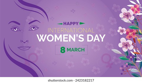 Happy Women's Day 8 March. Women's Day greeting banner design with flowers and a purple color
