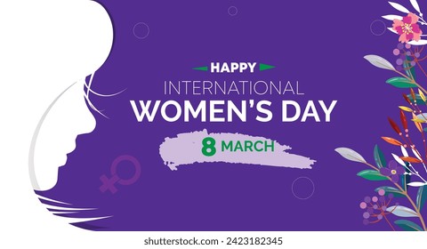 Happy Women's Day 8 March. Women's Day greeting banner design with flowers and a purple color