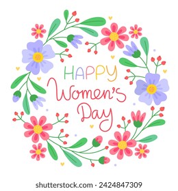 Happy Women's day. 8 march.  Floral round frame with blue and pink flowers, buds, red berries and green leaves. Cute spring wreath. Design for a greeting card.