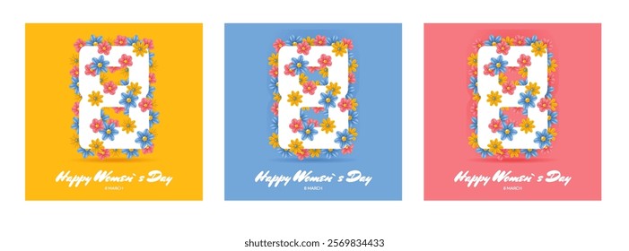 Happy Womens day 8 march banners set. Greeting international cards with number 8 and flowers. Flat vector illustration. Holiday concept