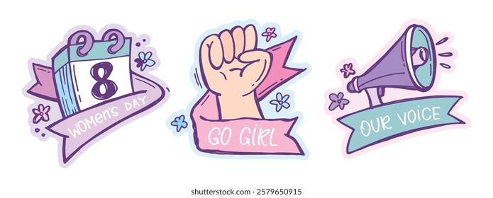 Feliz Día de la Mujer. 8 de marzo. Linda cita de letras de doodle dibujadas a mano. Letras para el diseño de la camiseta, impresión de la taza, impresión del bolso, moda de la ropa. Imagen de Vector 100% dibujado a mano.