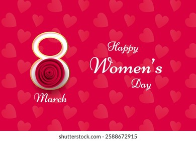 Happy womens day 8 march greeting with rose flower and heart pattern decoration