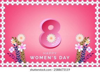 Happy womens day 8 march greeting banner with flower and floral decoration