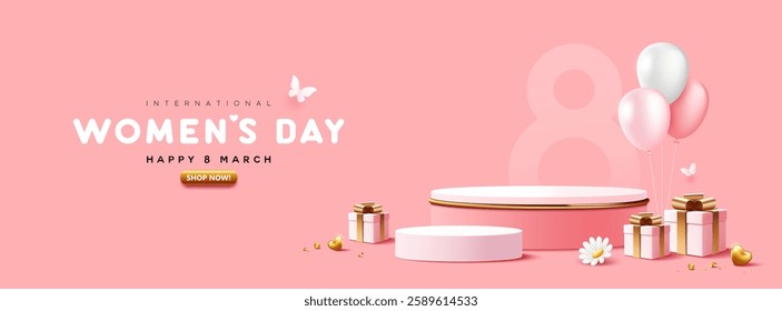 Happy women's day 8 March, podium display and gift box, balloon banner design on pink background, EPS10 Vector illustration