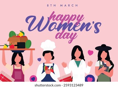 Happy Women's Day 8 March 2025. Women's day  poster in light pink colour shows women of different professions celebrating women's day. Group of women of different occupations. Vector Illustration