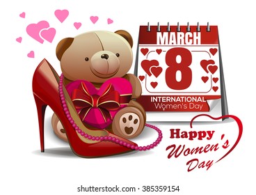 Happy Women's Day. 8 March. Vector greeting card with women shoe, calendar, pink beads, teddy bear, toy, heart. International Women's Day. Vector greeting card for girls and women. Womens holiday card