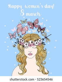 Happy Women's day! 8 of March. Girl with blond hair and floral wreath