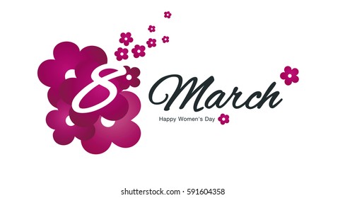 Happy Women's Day 8 March pink flowers black logo