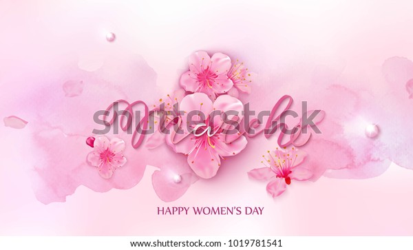 幸せな女性の日 8ピンクの背景に3月のベクターイラストと桜 のベクター画像素材 ロイヤリティフリー