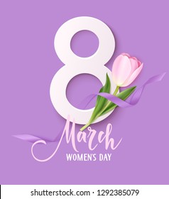 Happy Womens Day. 8March design template. Decorative number with purple ribbon and tulip flowers. Vector illustration