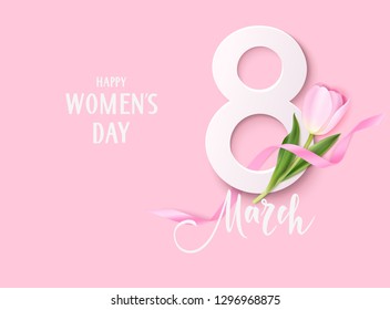 Happy Womens Day. 8March design template. Decorative number with pink ribbon and tulip flowers isolated on pink background. Vector illustration