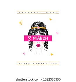 Happy Women's Day 8th March illustration, beautiful girl face with celebration text quote.