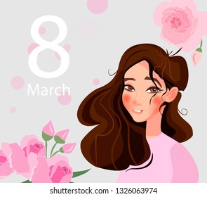 Happy Women's Day or 8th March illustration with beautiful girl.