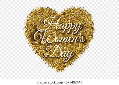 Happy Women's Day 8th March Illustration. Golden Shiny Tinsel Square Particles Abstract Vector Heart with 3d Text on Transparent Background. Celebration, holidays and party design element