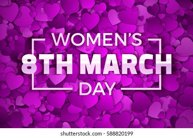 Happy Women's Day 8th March Vector Illustration. Typographic Design Text. Abstract Purple and Violet 3D Hearts Dense Structure Pattern with Subtle Texture