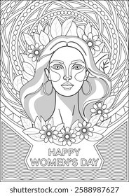 Happy Women's Day Adult Coloring Page Vector