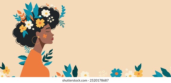 Happy Women's Day. African American woman with flowers in her hair on a gentle pastel pink background. Happy Mother's Day. Vector horizontal holiday banner with space for text. Feminism concept