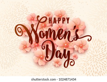 Happy womens day background design with light pink flowers. 8 march stylish greeting card in round shape with cherry blossoms paper art. Spring vector illustration