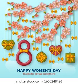 Happy Womens Day background with figure eight, sakura blossom branch and hanging gift boxes against the blue sky with clouds. Vector illustration