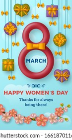Happy Womens Day background with figure eight, sakura blossom branch and hanging gift boxes against the blue sky with clouds. Vector illustration
