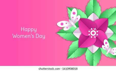 Happy women's day background with flower, leaf, butterfly paper cut 3d floral decoration in pink and white color vector illustration