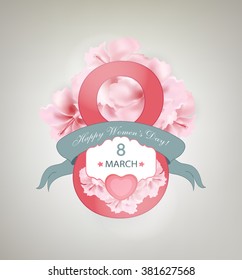 Happy Women's Day Background With Flowers, Ribbon, Title Inscription And Hearts