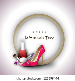 Happy Women's Day background with ladies shoe and cosmetics.