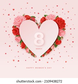 Happy women's day background with pink and red roses under paper cut hearts on a pink backdrop