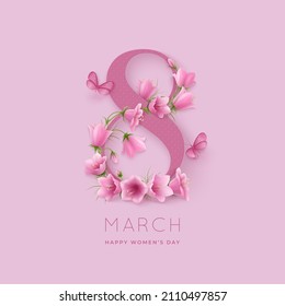 Happy women's day background with pink flowers campanula wrapping around the number 8 and beautiful butterflies on a pink backdrop