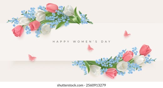 Happy women's day background with pink and white tulips, forget-me-not flowers under paper cut tag with congratulation text