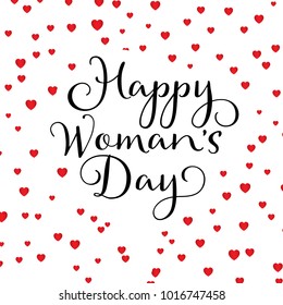 Happy Women's Day background with red hearts and decorative lettering