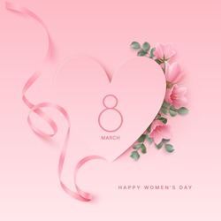 Happy Women's Day Background With Ribbon, Pink Campanula Flowers, Eucalyptus Leaves Under Paper Cut Hearts On A Pink Backdrop