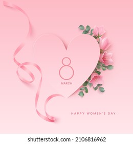 Happy women's day background with ribbon, pink campanula flowers, eucalyptus leaves under paper cut hearts on a pink backdrop