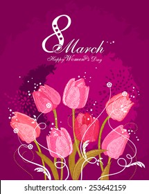 Happy Women's Day background with spring flowers. 8 March. Greeting card with text Women's Day.