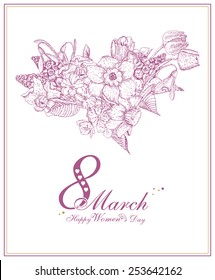 Happy Women's Day background with spring flowers. 8 March. Greeting card with text Women's Day.