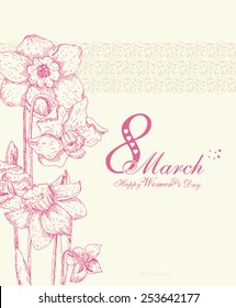 Fondo feliz del día de la mujer con flores de primavera. 8 de marzo. Tarjeta de felicitación con texto Día de la Mujer.
