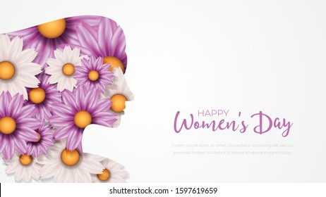 Happy women's Day background template, woman shiluette with flowers