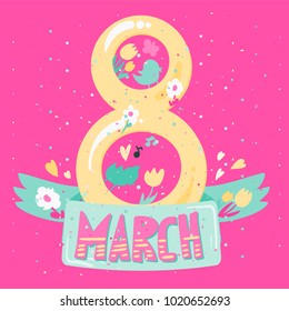 Happy Womens Day Banner. 8 March Lettering with birds and flowers. Vector