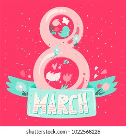 Happy Womens Day Banner. 8 March Lettering with birds and flowers. Vector