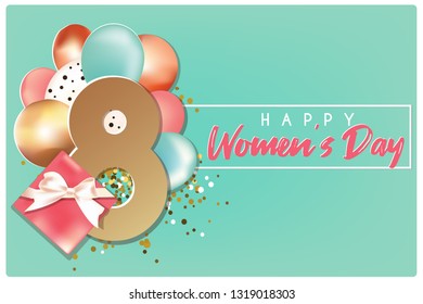 Happy Women's day banner for 8 March International Women's day design with boxes and balloons