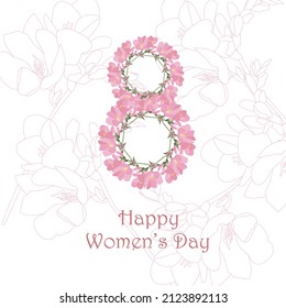 Happy Womens Day banner. 8 pink fresia flowers art design stock vector illustration for web, for print