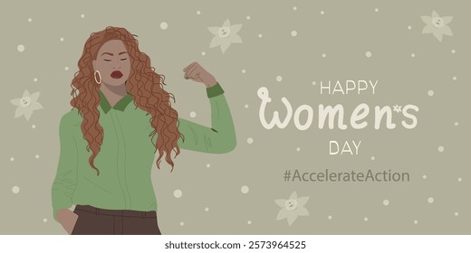 Happy Women's Day banner. African american woman showing her biceps. Holiday vector illustration