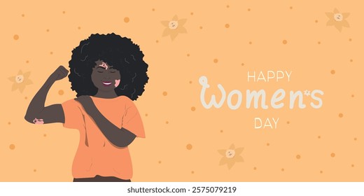 Happy Women's Day banner. African american woman showing her biceps. Holiday vector illustration